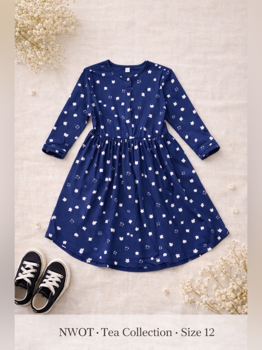 NWOT Tea Collection Girls Blue Cat Dress Size 12 Midi